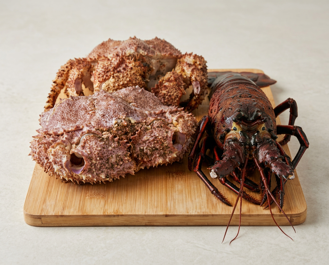 Freshly harvested crabs and spiny lobster on a wooden board